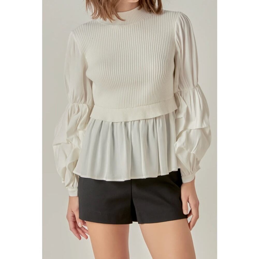 English Factory (2X) Cream/White Academia Mixed Media Sweater Blouse Layered Top